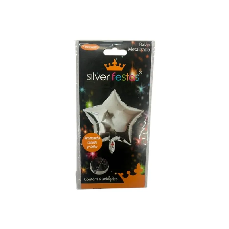 Balão Metalizado Silver com Canudo Estrela Prata 10" com 6 un