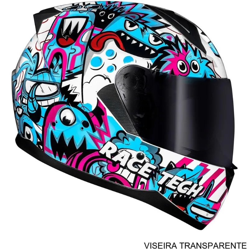 Capacete Race Tech Sector Monsters Branco Azul 62 (MP)