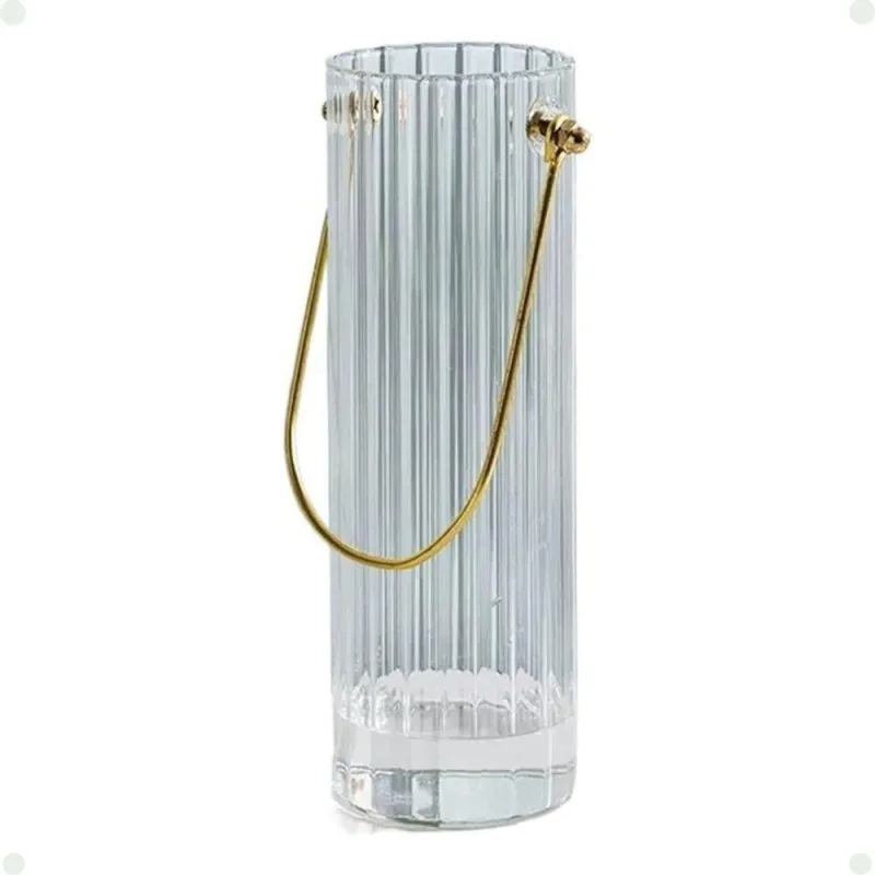 Vaso Decorativo de Vidro Estriado com Alça Dourada 600ML Cilíndrico Transparente Moment - Moment