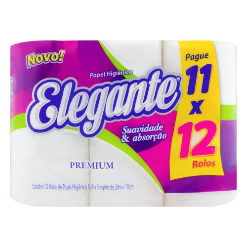 PAPEL HIGIÊNICO FOLHA SIMPLES ELEGANTE PREMIUM 30M PACOTE LEVE 12 PAGUE 11 UNIDADES - ELEGANTE