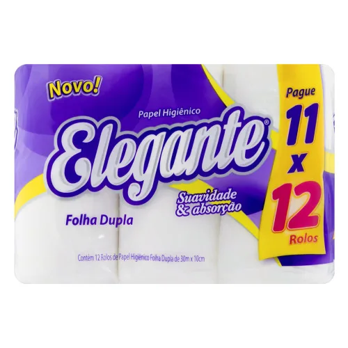 PAPEL HIGIÊNICO FOLHA DUPLA ELEGANTE 30M PACOTE LEVE 12 PAGUE 11 UNIDADES - ELEGANTE