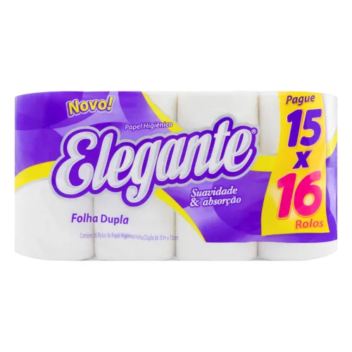 PAPEL HIGIÊNICO FOLHA DUPLA ELEGANTE 30M PACOTE LEVE 16 PAGUE 15 UNIDADES - ELEGANTE