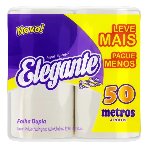 PAPEL HIGIÊNICO FOLHA DUPLA NEUTRO ELEGANTE 50M PACOTE 4 UNIDADES LEVE MAIS PAGUE MENOS - ELEGANTE