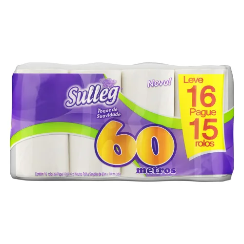 PAPEL HIGIÊNICO FOLHA SIMPLES NEUTRO SULLEG 60M PACOTE LEVE 16 PAGUE 15 UNIDADES - SULLEG