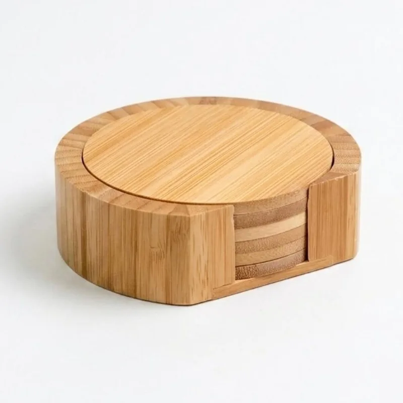 Jogo de Porta Copos Redondos de Bambu Natural Oikos 6un 9,5cm com Suporte Descansos Latas