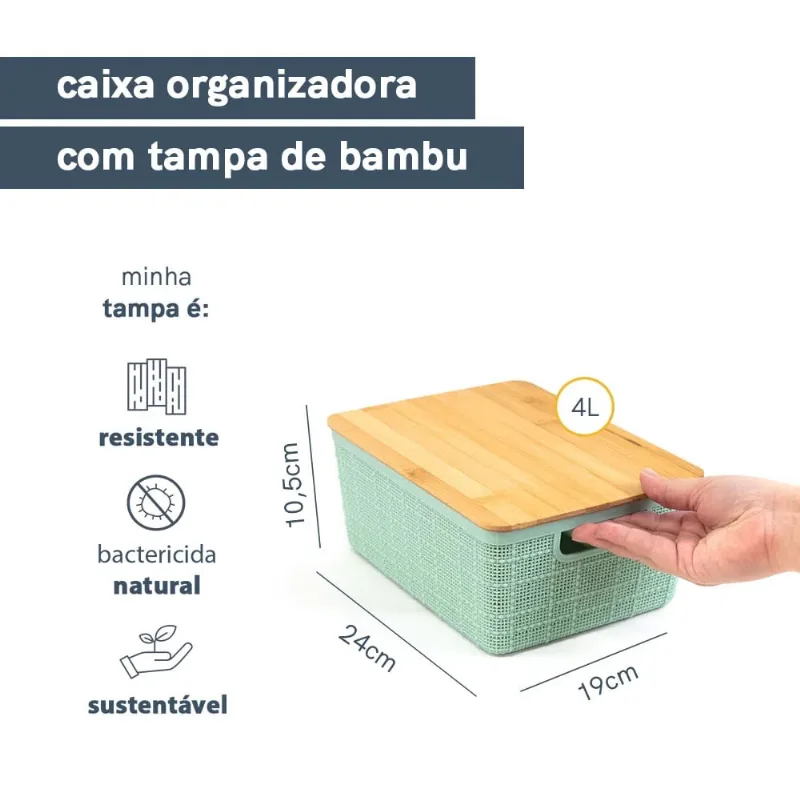 Caixa organizadora com tampa de bambu 4l verde salvia Oikos