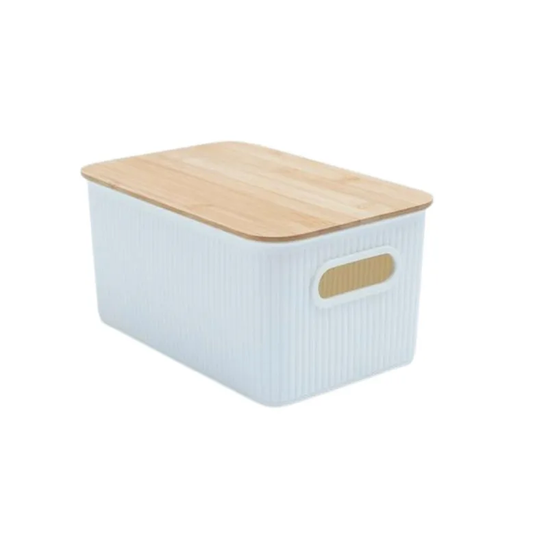 Caixa Organizadora Canelada Com Tampa De Bambu 6L Branco Oikos
