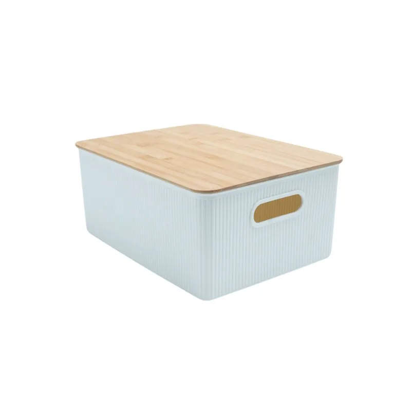 Caixa Organizadora Canelada Com Tampa De Bambu 16L Branco Oikos
