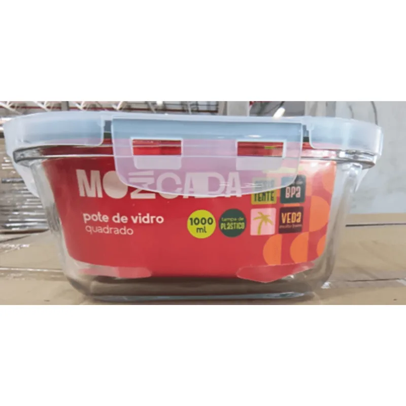 POTE 1000ML HERMÉTICO DE VIDRO COM TAMPA DE PLÁSTICO QUADRADO - MOZCADA