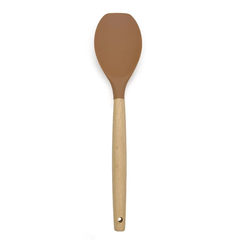Espátula Redonda Silicone Marron com Cabo Madeira Oikos