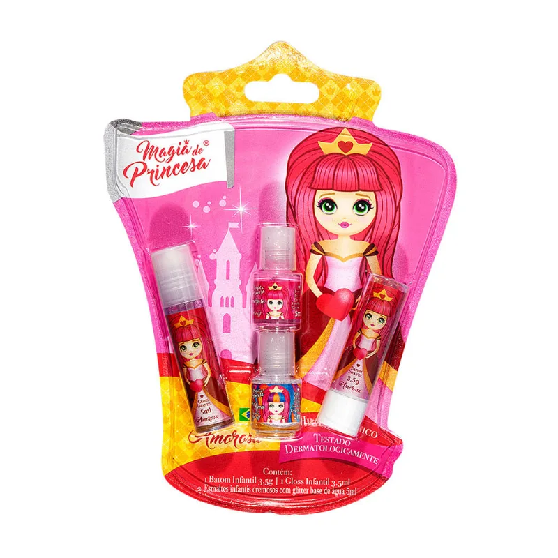 Batom e Gloss Infantil + Esmaltes Amorosa Magia de Princesa Kit com 4 Unidades