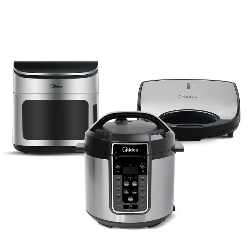 Kit Panela de Pressão Elétrica 6 L MasterSteam Inox + Fritadeira Air Fryer 12L Oven Digital + Sanduicheira Blackstone Inox Midea PPG70S2.FWM12P2.SWMX2 - 220v - Midea