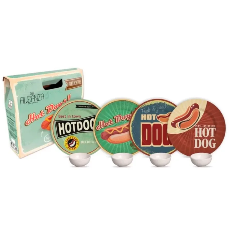 Jogo de Pratos com Molheira 8 Peças Hot Dog Branco Perola - Alleanza