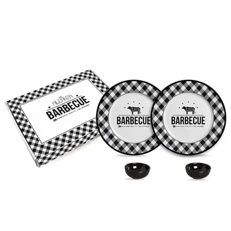 Kit Sobremesa Alleanza Cerâmica 2 Pratos e 2 Bowls Barbecue - Alleanza