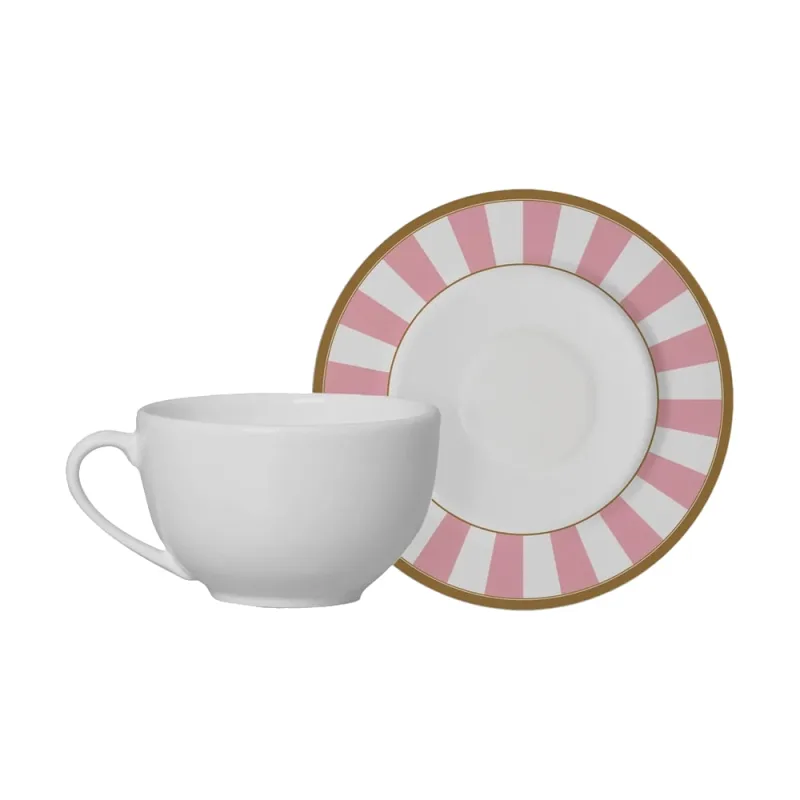 Xícara de Chá Alleanza Ceramica Stripe Rosa com Pires 250ml - Alleanza