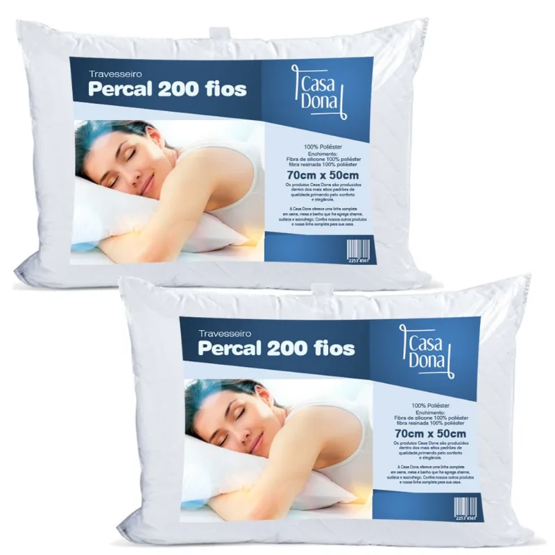 Kit 2 Travesseiro Percal 50x70cm Casa Dona 200 Fios Fibra Siliconada Branco