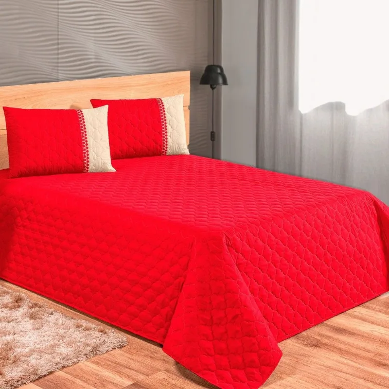 Kit 3 Peças Cobre Leito Matelado Com Renda Casal Vermelho Casa Dona