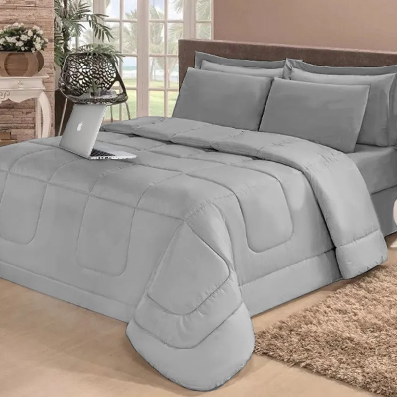 Kit 6 Pçs Edredom Casa Dona Dupla Face Casal Queen Com Lençol Cinza