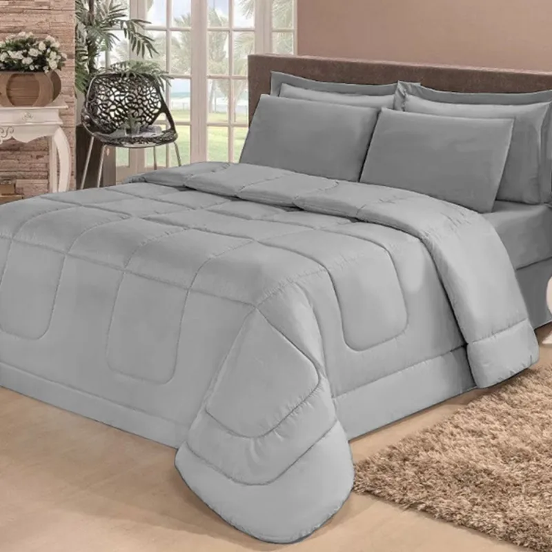 Kit Edredom Confort Casa Dona Dupla Face Casal Queen 6 Pçs Com Lençol Cinza