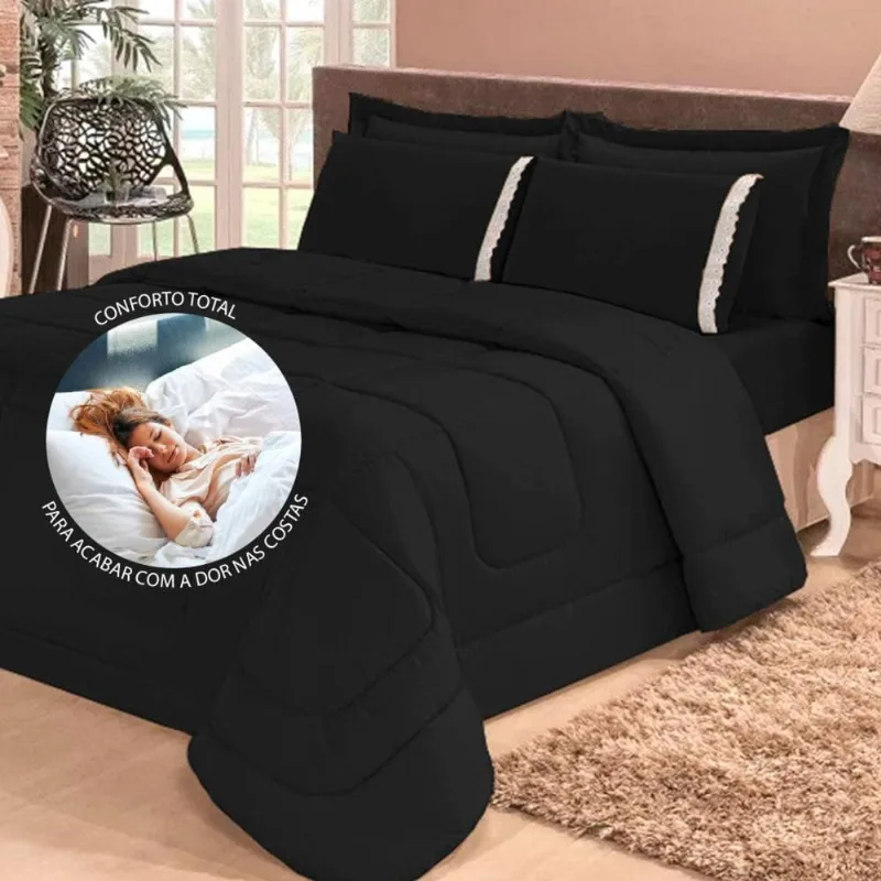 Kit 6 Pçs com Lençol e Edredom Aconchego Casa Dona Dupla Face Casal Preto