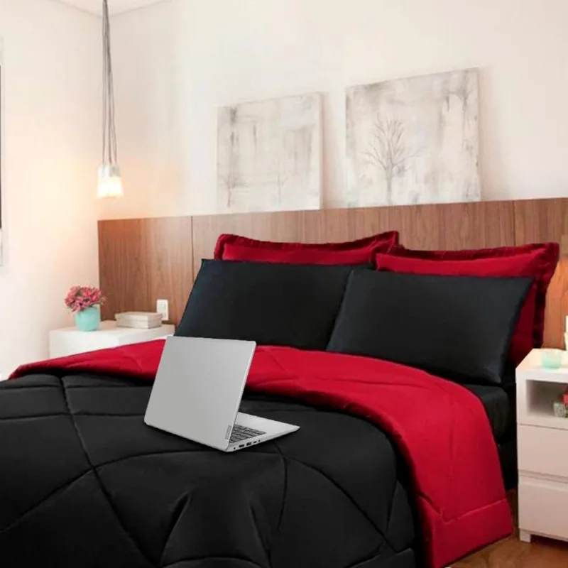 Kit 6 pças Jogo de Cama Afável Microfibra Casa Dona Original Preto e Vermelho