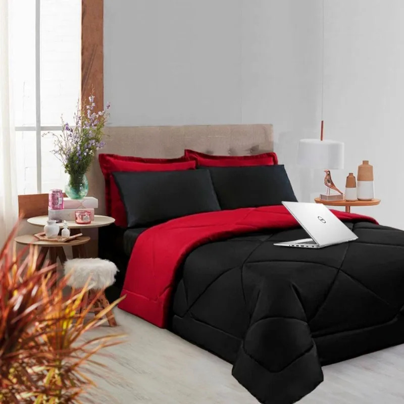 Kit 6 Pçs Afável com Cobertor e Lençol Casa Dona Preto e Vermelho