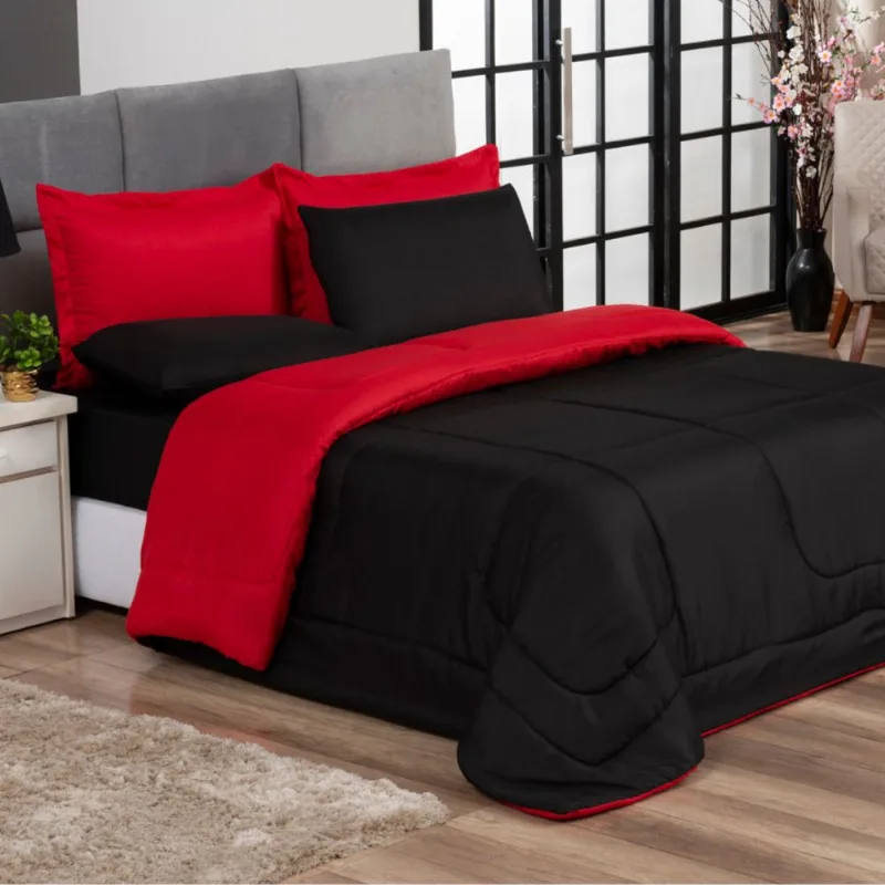 Kit Edredom Casal Queen Jogo de Lençol 06 peças Aconchego Dupla Face Casa Dona Vermelho e Preto
