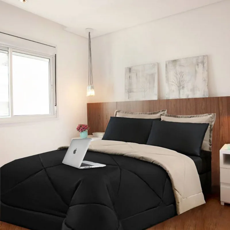 Kit 6 Pçs com Cobre Leito Aconchego Casa Dona Dupla Face Casal Queen Preto e Caqui