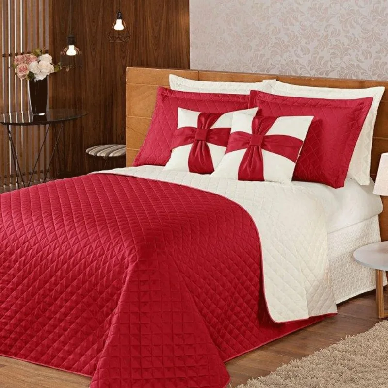 Kit Cobre Leito e Jogo de Cama diferencial Dupla Face Casal Queen 7 Peças Vermelho Medieval Casa Dona