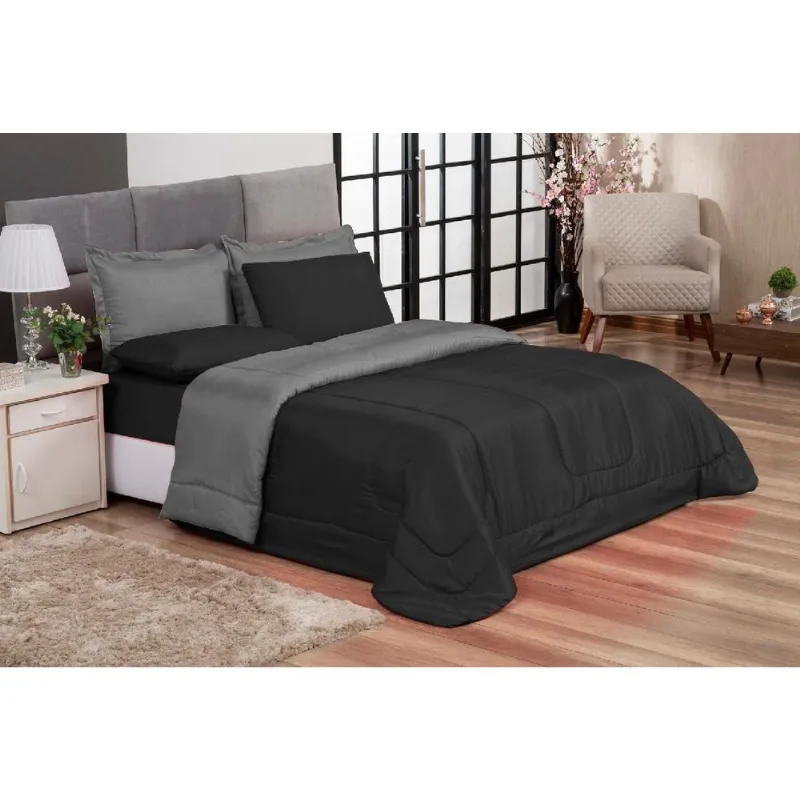 Jogo de Cama Primor Queen Kit 6 Pçs Preto e Cinza Casa Dona
