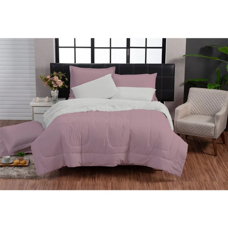 Edredom Eros 200 Fios Queen Kit 6 Peças Rosa e Off White Casa Dona