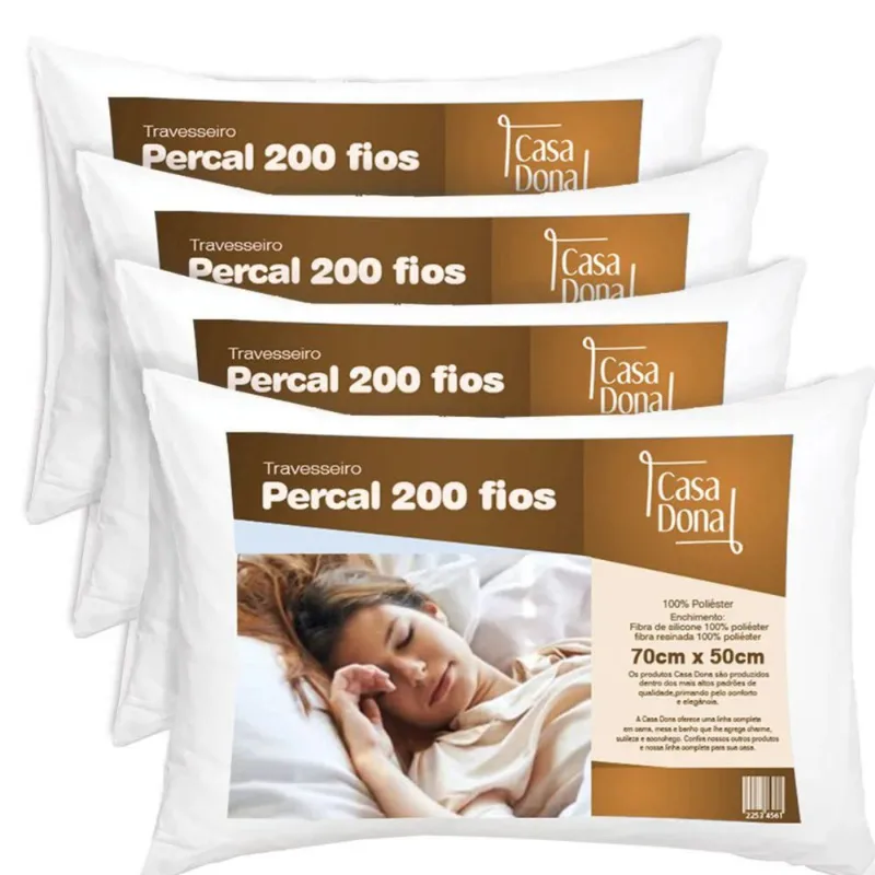 Kit 4 Travesseiro Percal 200 Fios Siliconada Branco Casa Dona