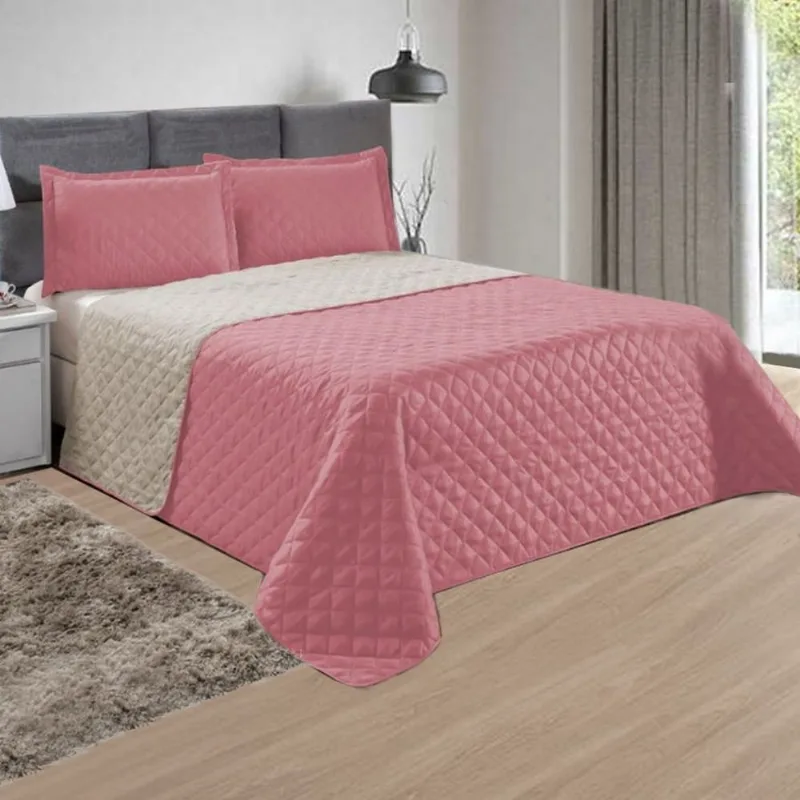 Kit Colcha Queen Dupla Face 3 Peças Matelada Bege e Rosê Casa Dona