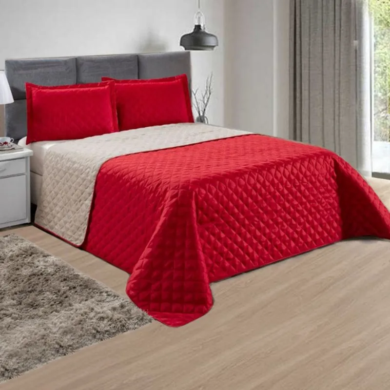 Kit Colcha Queen Dupla Face 3 Peças Matelada Vermelho e Bege Casa Dona
