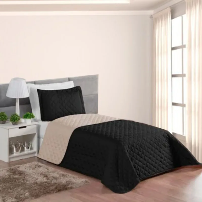 Kit Colcha Solteiro Dupla Face Nobre 2 Peças Matelada Preto e Bege Casa Dona