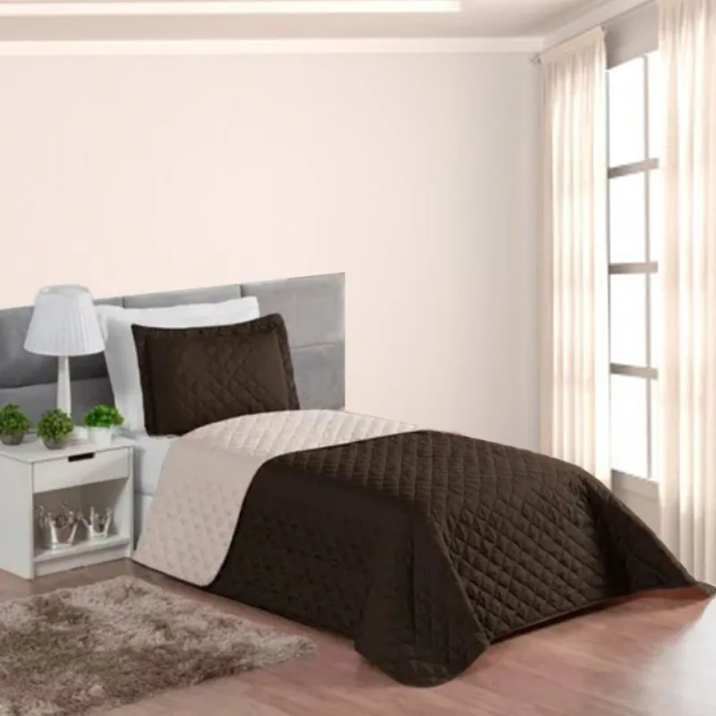 Kit Colcha Solteiro Dupla Face Nobre 2 Peças Matelada Marrom e Bege Casa Dona