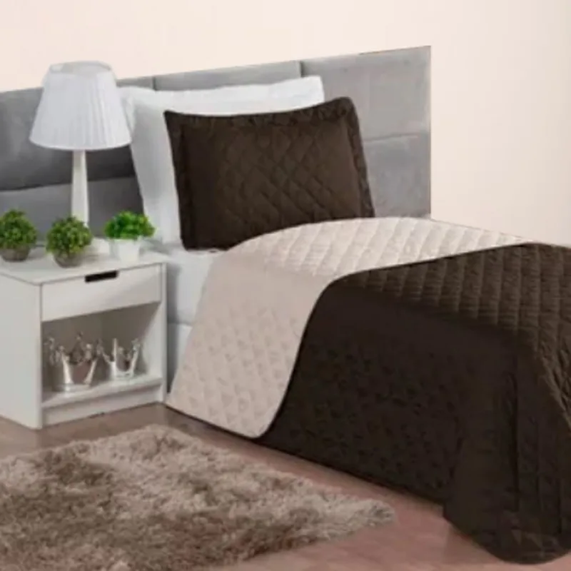 Kit Colcha Cobre Leito Solteiro Dupla Face 2 Peças Marrom e Bege Casa Dona