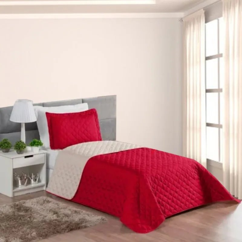 Kit Cobre Leito Solteiro Dupla Face Nobre 2 Peças Vermelho e Bege Casa Dona