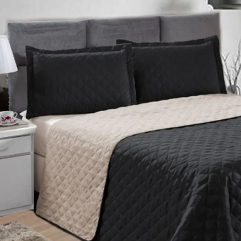Kit Colcha Stillo Cobre Leito Queen Dupla Face 3 Peças Preto e Bege Casa Dona