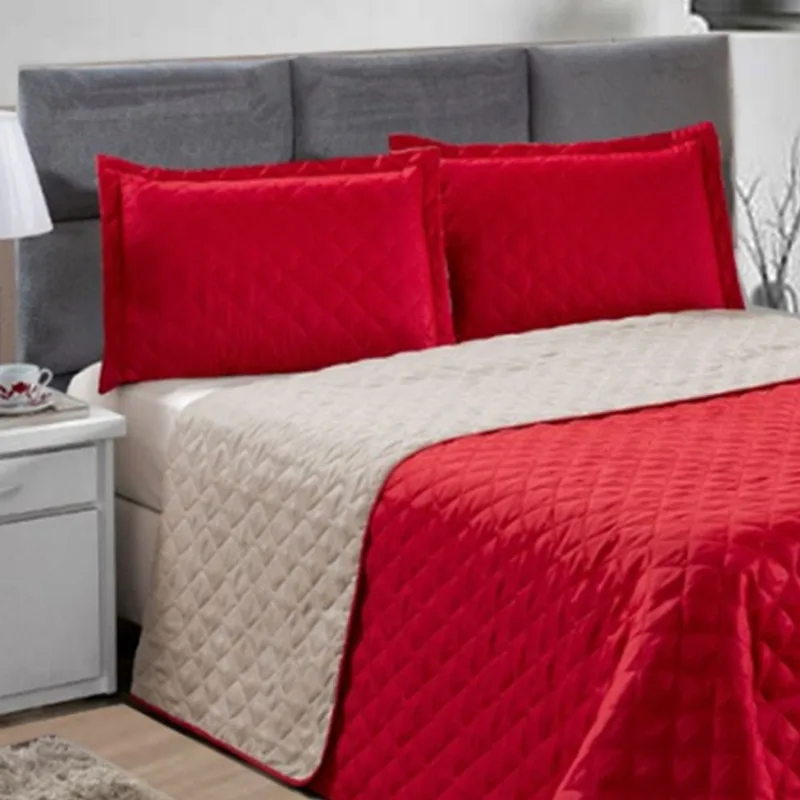 Kit Cobre Leito Queen Stillo Dupla Face 3 Peças Vermelho e Bege Casa Dona