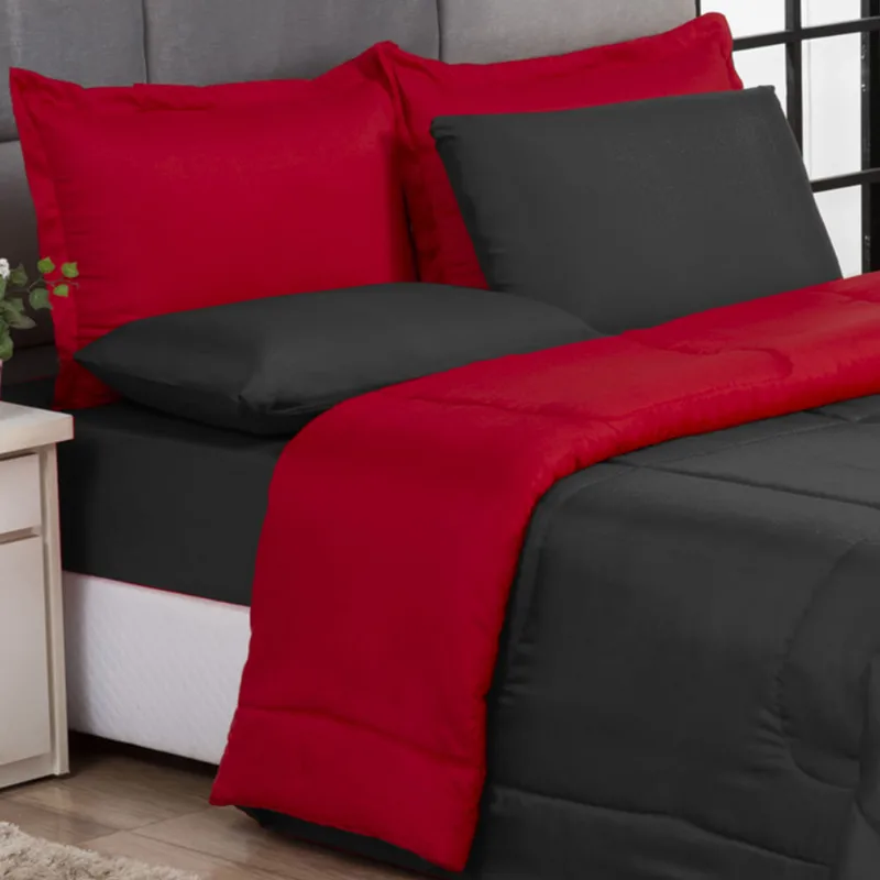 Kit Edredom Casal Queen Jogo de Lençol 06 peças Aconchego Dupla Face Casa Dona Vermelho e Preto