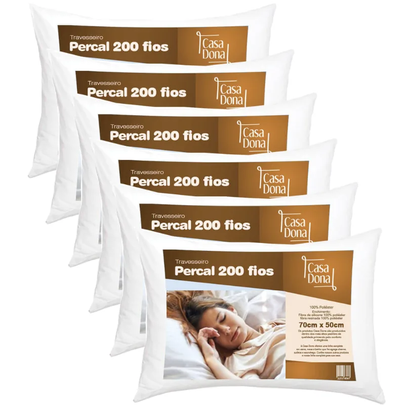 Kit 6 Travesseiros 100% Algodão Percal 200 Fios Fibra Siliconizada 70 x 50cm Casa dona
