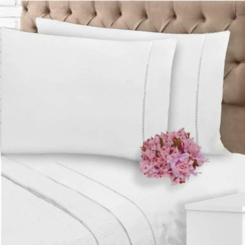 Jogo de Lençol 400 Fios Toque Suave e Macio Ponto Palito Cama Casal 3 Peças Branco Casa Dona