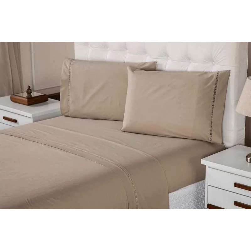 Jogo de Lencol 400 Fios Toque Suave e Macio Ponto Palito Cama Queen 3 Pecas Palha Casa Dona