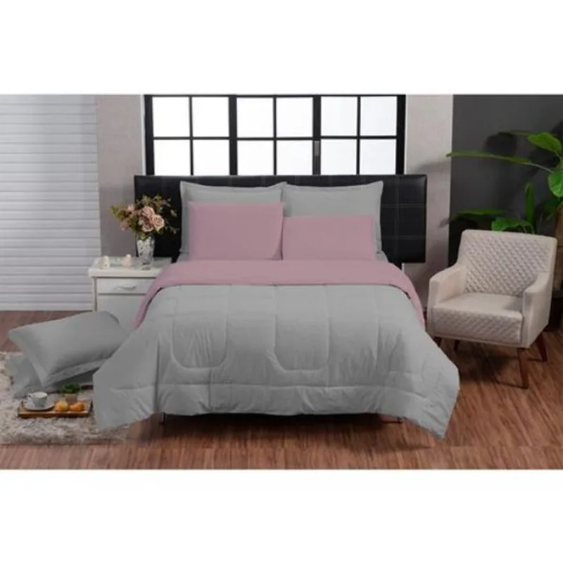 Kit Edredom Queen 200 Fios + Jogo Lençol 6 peças 100% Algodão Dupla Face Cinza Rosa Casa Dona