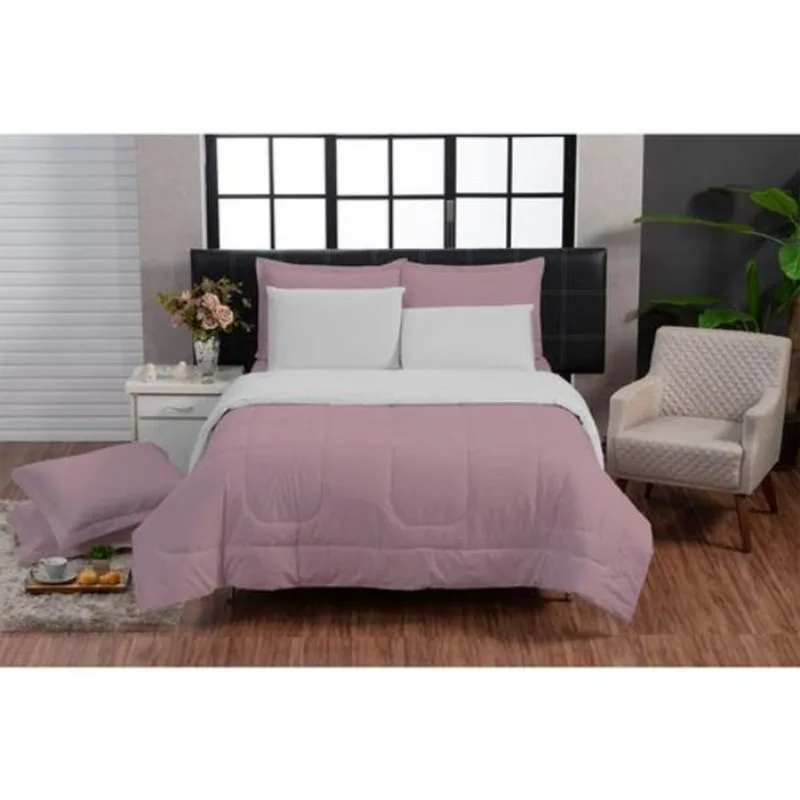 Kit Edredom Queen 200 Fios + Jogo Lençol 6 peças 100% Algodão Dupla Face Rosa Off White Casa Dona