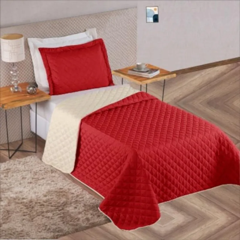 Cobre Leito Solteiro Dupla Face Matelasse com 2 Porta Travesseiros Vermelho e Bege Casa Dona