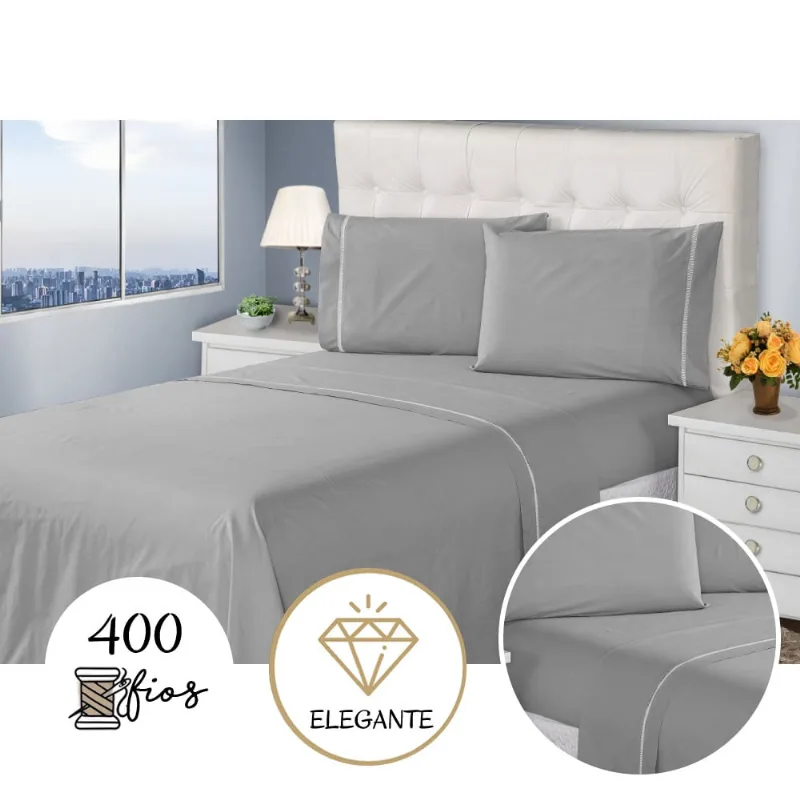 Jg Lençol 400 Fios Queen P.palito 3pcs Prata