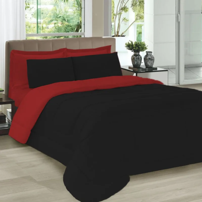 Kit Colcha Casal 5 Peças Toque Suave Preto e Vermelho 2,20x2,40 Casa Dona