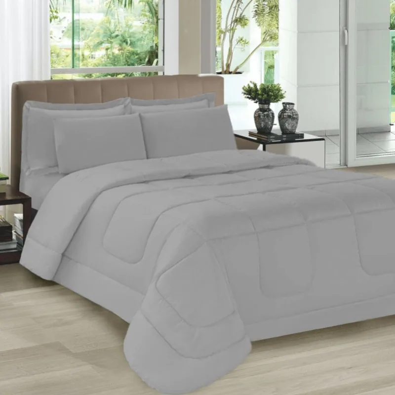 Kit Colcha Casal com Porta Travesseiros e Fronhas Toque Suave Cinza Casa Dona